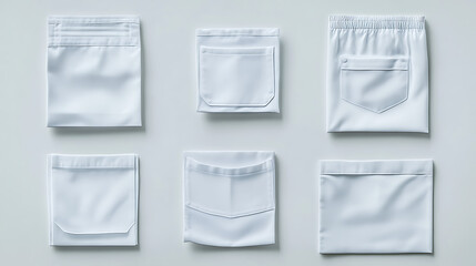 Fototapete - A realistic set of white pocket templates, designed for use on various garments like clothes and bags, presented against a white background