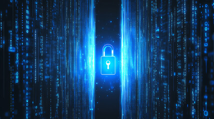 Leinwandbilder - A digital padlock glowing with blue light, symbolizing security and data protection in the abstract background of binary code