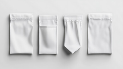 Fototapete - A realistic set of white pocket templates, designed for use on various garments like clothes and bags, presented against a white background