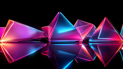 Poster - Abstract 3D Geometric Shapes in Neon Colors on a Reflective Black Surface
