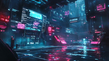 Poster - Featuring futuristic callouts and titles in HUD style, this template includes information call bars and neon design elements in a digital tech style, suitable for games and user apps