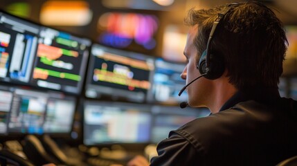 Poster - a focused individual using a headset in a control room filled with multiple screens.