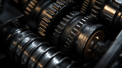 Poster - Gears are black with a dark wallpaper, a close-up of a gearbox featuring a unique color feature, Industrial mechanical background featuring planetary gear