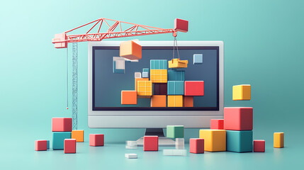 Poster - A high-resolution image showcasing a modern computer monitor with colorful blocks being meticulously arranged by a tiny construction crane, symbolizing website UX and UI design process