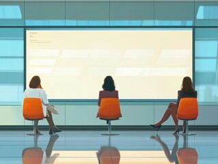 Poster - Flat illustration of three businesswoman sitting in front of the large info screen