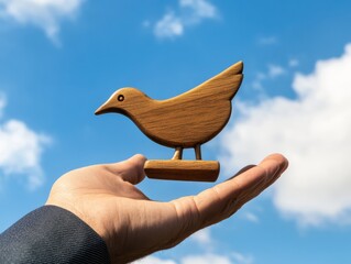 Poster - Flexible working symbol. Concept words Flexible working on beautiful sky. Beautiful blue sky cloud background. Businessman hand with wooden bird. Business flexible working concept. Copy space.