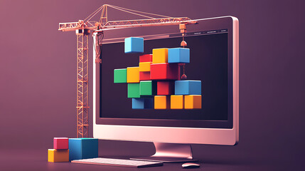 Poster - A high-resolution image showcasing a modern computer monitor with colorful blocks being meticulously arranged by a tiny construction crane, symbolizing website UX and UI design process