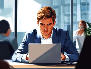 Poster - focused man working on laptop in modern office with colleagues.