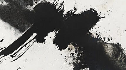 Poster - Abstract black ink splashes and circles on a white background with brush strokes