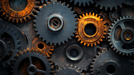 Fototapete - Gears are black with a dark wallpaper, a close-up of a gearbox featuring a unique color feature, Industrial mechanical background featuring planetary gear