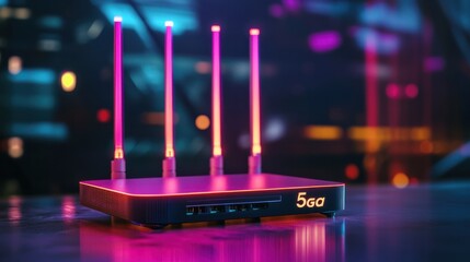 Poster - generic modern high speed 5g next generation router for home secure networks and online communication high bandwidth internet technology as wide banner with copy space area and datum data