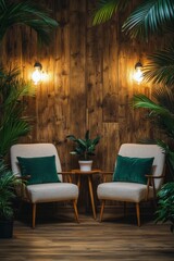 Wall Mural - Cozy seating area with plants and warm lighting in a modern interior design setting