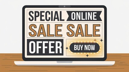 An illustration of a laptop on a wooden surface. The screen shows an online sale with a glowing 