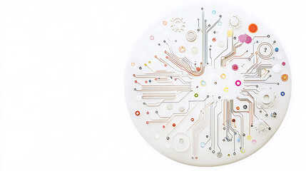 Poster - A white circle with colorful gears and circuit board elements on a light blue background