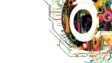 Aufkleber - A white circle with colorful gears and circuit board elements on a light blue background