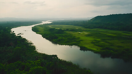 Poster - aerial view of congo river meandering through lush green mangrove swamps digital painting
