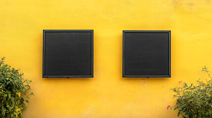 Aufkleber - Two black signboards offer a street-side advertising opportunity for restaurants, mounted on a vibrant yellow wall