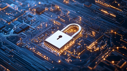 Poster - A white lock on the left side of an electronic circuit board, with digital data and security concept background, symbolizing network protection