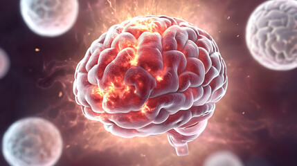 Fototapete - Animated brain with a bright glowing splash symbolizing pain and surrounded by circular white cells representing brain cells in the center