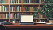 © CreativeCreations - In the ambiance of a school library, an open laptop on a desk signifies the convergence of online education and traditional learning