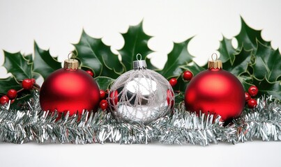 Canvas Print - Three red and silver Christmas ornaments on a silver and red garland