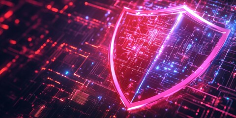 Poster - A digital shield symbolizing cybersecurity amidst a network of glowing data.