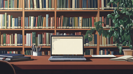 Fototapete - In the ambiance of a school library, an open laptop on a desk signifies the convergence of online education and traditional learning
