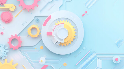 Poster - A white circle with colorful gears and circuit board elements on a light blue background