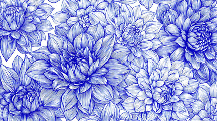 Poster - Hand drawn line art blue ink drawing of dahlia flowers pattern