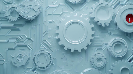 Fototapete - A white circle with colorful gears and circuit board elements on a light blue background