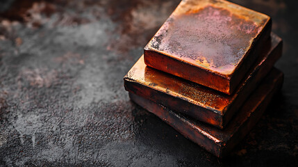 Poster - Ingots of pure copper or pink gold on a black background, old and rusty, copy space