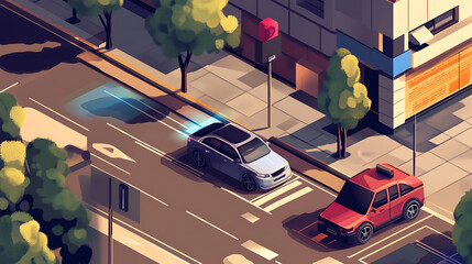 Poster - An isometric illustration of a parking assist system, detailing the technology behind sensors scanning for parking space