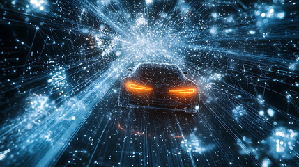 Leinwandbilder - An abstract portrayal of an intelligent car, visualized through a cosmic theme of points and lines, symbolizing advanced automotive technology
