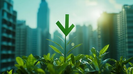 Aufkleber - Green arrow up background with city buildings and vegetation growing in the foreground, representing growth or progress in business and economic performance concept, blurred city skyline