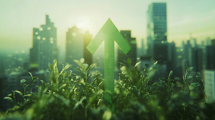 Poster - Green arrow up background with city buildings and vegetation growing in the foreground, representing growth or progress in business and economic performance concept, blurred city skyline
