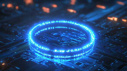 Poster - Abstract futuristic blue glowing light ring with digital circuit background