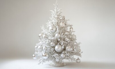 Poster - A white Christmas tree with many silver ornaments