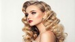 © Grace - Beautiful Blond Girl With Perfectly Curled Hair Posing Elegantly Against a Neutral Background. Generative AI