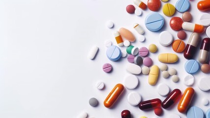 Poster - Assorted pharmaceutical pills and capsules create a vibrant scattering effect against a clean white backdrop, suggesting concepts of medicine, healthcare, and treatment