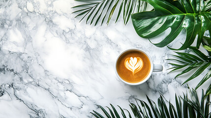 Poster - Aesthetic top view of a hot coffee cup on a flat lay marble background, complemented by lush tropical leaves placed elegantly on the side, creating a serene and stylish composition