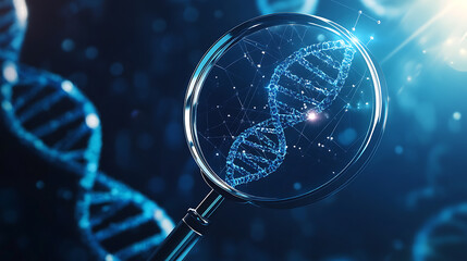 Sticker - Magnifying glass over double helix DNA blue background