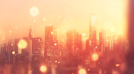 Fototapete - Blurred cityscape background with bokeh effect and golden sunset light