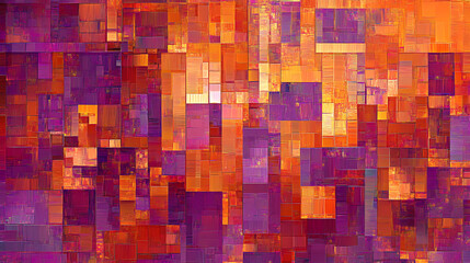 Wall Mural - An orange and purple pixelated pattern with squares in shades of violet, yellow and pink