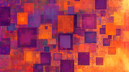 Poster - An orange and purple pixelated pattern with squares in shades of violet, yellow and pink