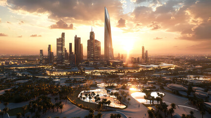 Poster - Riyadh's King Financial District is depicted at sunset, highlighting the area's advanced technological infrastructure within the capital of Saudi Arabia
