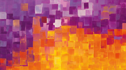 Wall Mural - An orange and purple pixelated pattern with squares in shades of violet, yellow and pink