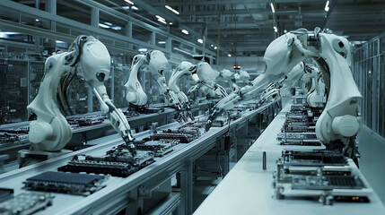 Leinwandbilder - Automated robotic arms assembling components in a high-tech electronics manufacturing facility