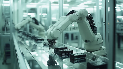Poster - Automated robotic arms assembling components in a high-tech electronics manufacturing facility