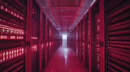 Poster - High-tech server room data center with rows of computer racks storing vast amounts of information. Mainframe servers process complex algorithms in a secure, climate-controlled environment.