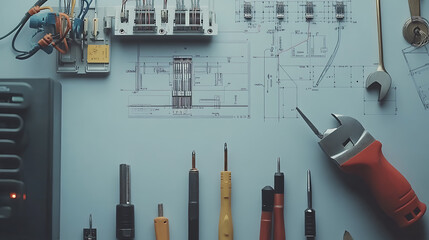 Poster - Electrician's tools and electrical diagrams are strategically placed on a grey background for effective use